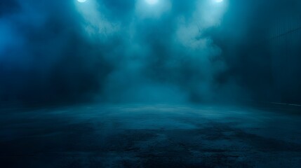 Empty dark street with smoke, fog and spotlights. Abstract background