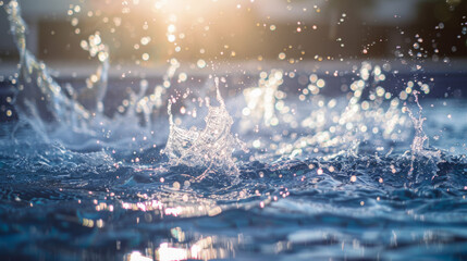 close-up of water splashing in a swimming pool, sunlight reflecting on the surface - Powered by Adobe