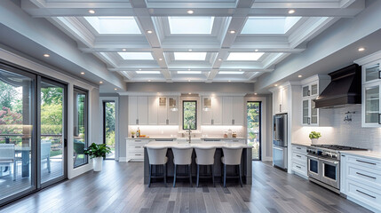 Kitchen with gray hardwood floors and a coffered ceiling that includes natural light from skylights.
