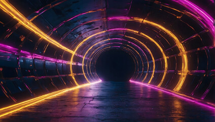 Interstellar Illumination, Abstract Futuristic Background Portal Tunnel with Cosmic Cobalt, Fuchsia, and Amber Neon Moving High-Speed Wave Lines and Flare Lights
