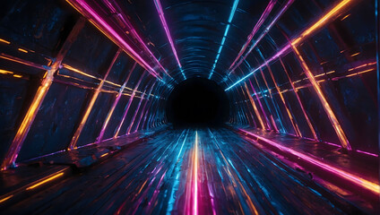 Interstellar Illumination, Abstract Futuristic Background Portal Tunnel with Cosmic Cobalt, Fuchsia, and Amber Neon Moving High-Speed Wave Lines and Flare Lights