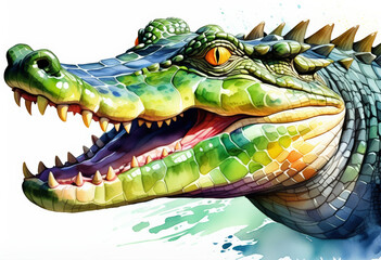 Fototapeta premium Vibrant digital illustration of an alligator with mouth agape, suitable for educational content, wildlife themes, and World Wetlands Day promotional materials