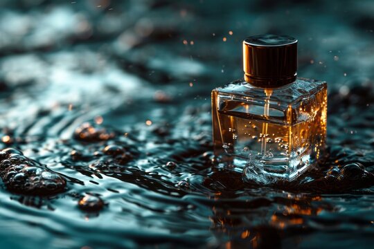 Transparent bottle of perfume on a dark background among the reflections of water
