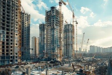 Naklejka premium Mega residential towers complex under construction site for apartment investments