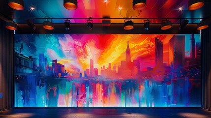 A stylish lounge with ceiling integrated spotlights shining down on a dynamic, mural-like graphic background that depicts a colorful urban skyline.