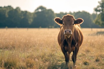 Funny close up portrait of a cow in a meadow on a wide angle camera