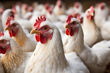 Chickens on a chicken farm grazing outdoors, domestic animal husbandry concept
