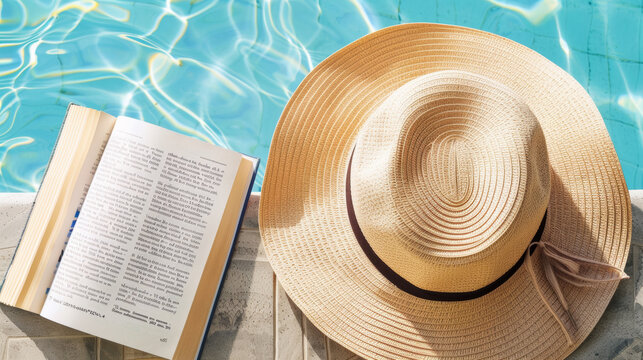 Sun hat and a book beside a pool, capturing the essence of summer relaxation