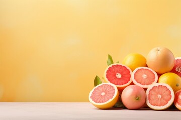 Sliced and whole oranges, grapefruits and lemons, citrus fruit assortment, tasty and juicy summer fruits, on a light background.