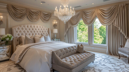 Elegant master bedroom with silk draperies and a crystal chandelier.