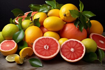 Sliced and whole oranges, grapefruits and lemons, citrus fruit assortment, tasty and juicy summer fruits, food background concept