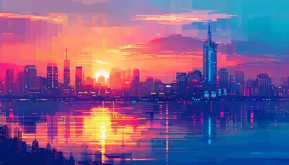 Fototapeta premium A pixelated image of a city skyline at sunset, blending the digital and natural with retro colors