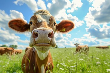 Funny close up portrait of a cow in a meadow on a wide angle camera