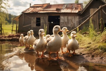 Close up of goslings raised on a farm, farming business and food