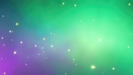 Glittering Green, Blue and Purple gradient background with hologram effect and magic lights. fantasy backdrop with fairy sparkles, gold stars, and festive blurs