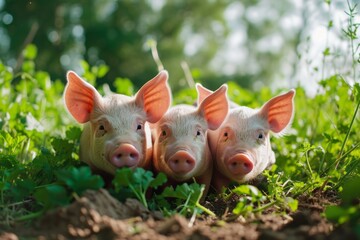 Funny close-up portrait of three pigs on a wide-angle camera against a background of grass.