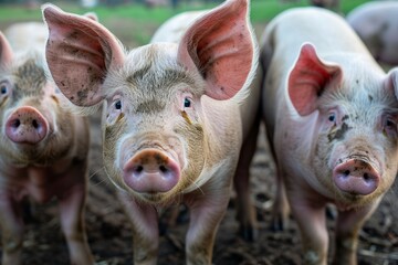 Funny close-up portrait of three pigs on a wide-angle camera in the mud.