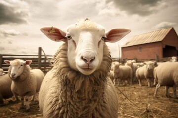 Funny close up portrait of a lamb on a wide-angle camera
