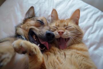 Cheerful comical dog with a cat take a selfie on camera 
