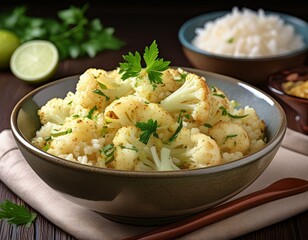 Stir Fried Cauliflower Rice in a Bowl Horizontal