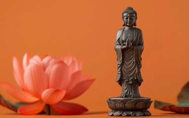 
Water lotus Buddha statue Buddha standing on a lotus flower on an orange background, a very stunning view