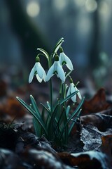  Delicate white snowdrops in the forest on a blurred background, vertical
