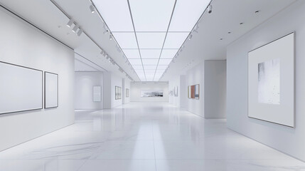Bright art gallery with an ultra-flat white ceiling and marble flooring.