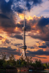 Fototapeta premium landmark of television is a TV tower in Tashkent in Uzbekistan under a blue clear sky in spring