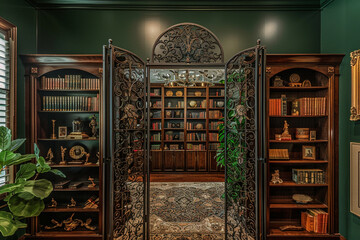 Sophisticated study glimpse through an ornate metal room divider.