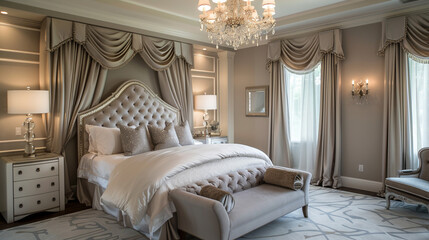 Elegant master bedroom with silk draperies and a crystal chandelier.