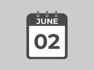 June 2 calendar reminder. 2 June daily calendar icon template. Calendar 2 June icon Design template. Vector illustration
