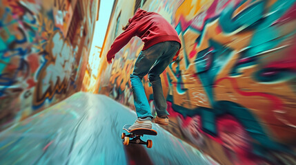 Skateboarder's Rapid Glide through Graffiti Alley