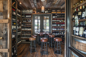 Stylish wine bar with rustic paneling, leather stools, and a wide wine selection.