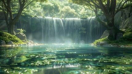 Serene Waterfall in Enchanting Forest with Lush Moss, Generative AI