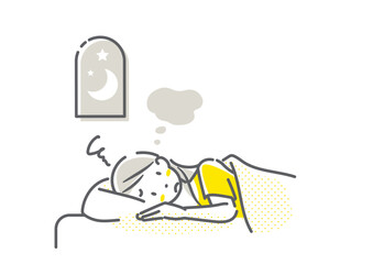 Obraz premium 不眠に悩む若い女性 シンプルでお洒落な線画イラスト