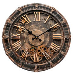 Vintage steampunk clock with exposed gears and Roman numerals	