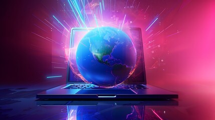 Futuristic Laptop Displaying Vibrant Globe with Dynamic Lights