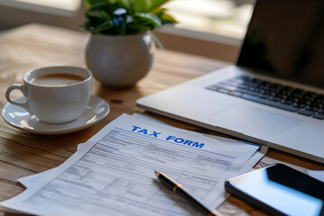 A tax form is placed on a table with some stationaries and a cup of coffee