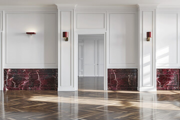 Luxury modern home with porcelain walls, ruby marble, walnut flooring, and elegant sconce lighting.