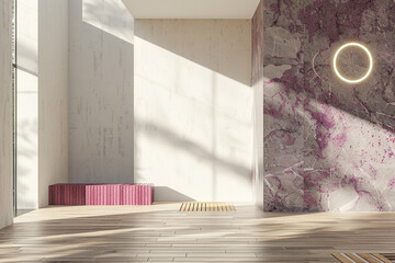 Modern house with cool white walls, magenta accents, and cedar parquet.