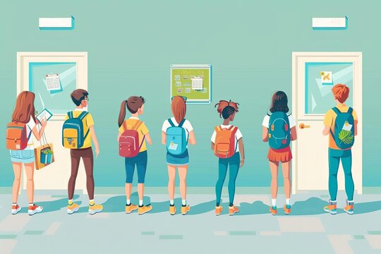 Backtoschool orientation day in flat design, new students touring the school with guides