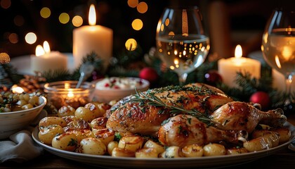 A delicious and festive holiday meal. The table is set with a roasted chicken, potatoes, and all...