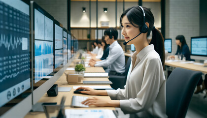 コールセンターで仕事をするインカムを付けた笑顔の日本人女性