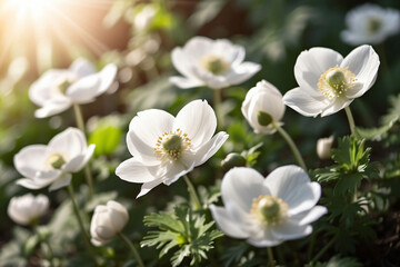 Obraz premium A field of white flowers with green leaves