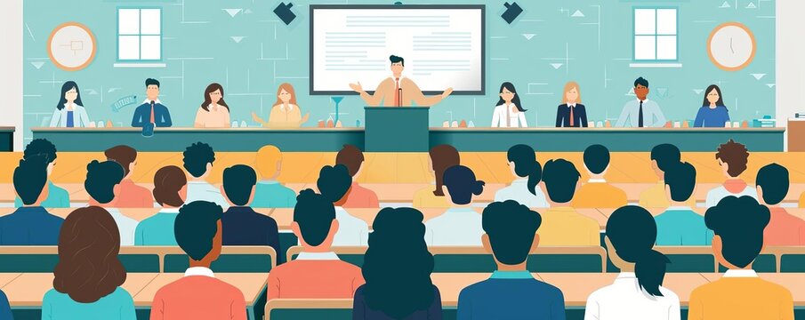 Flat design school assembly, with the principal speaking and students seated in rows listening