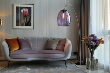 Boutique hotel ambiance from a light lavender glass lamp.