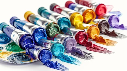 A row of paint tubes with a blue tube in the middle