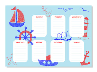 School weekly planner with hand drawn anchor, ship, sailboat, hand wheel, helm in childrens naive style.