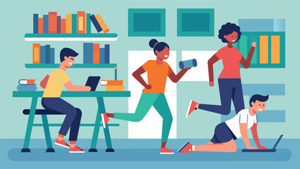 As part of a study session students participate in a brief circuit training workout between reading and research sessions in the library.. Vector illustration