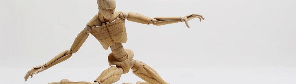 A wooden figure is sitting on the ground with its arms outstretched
